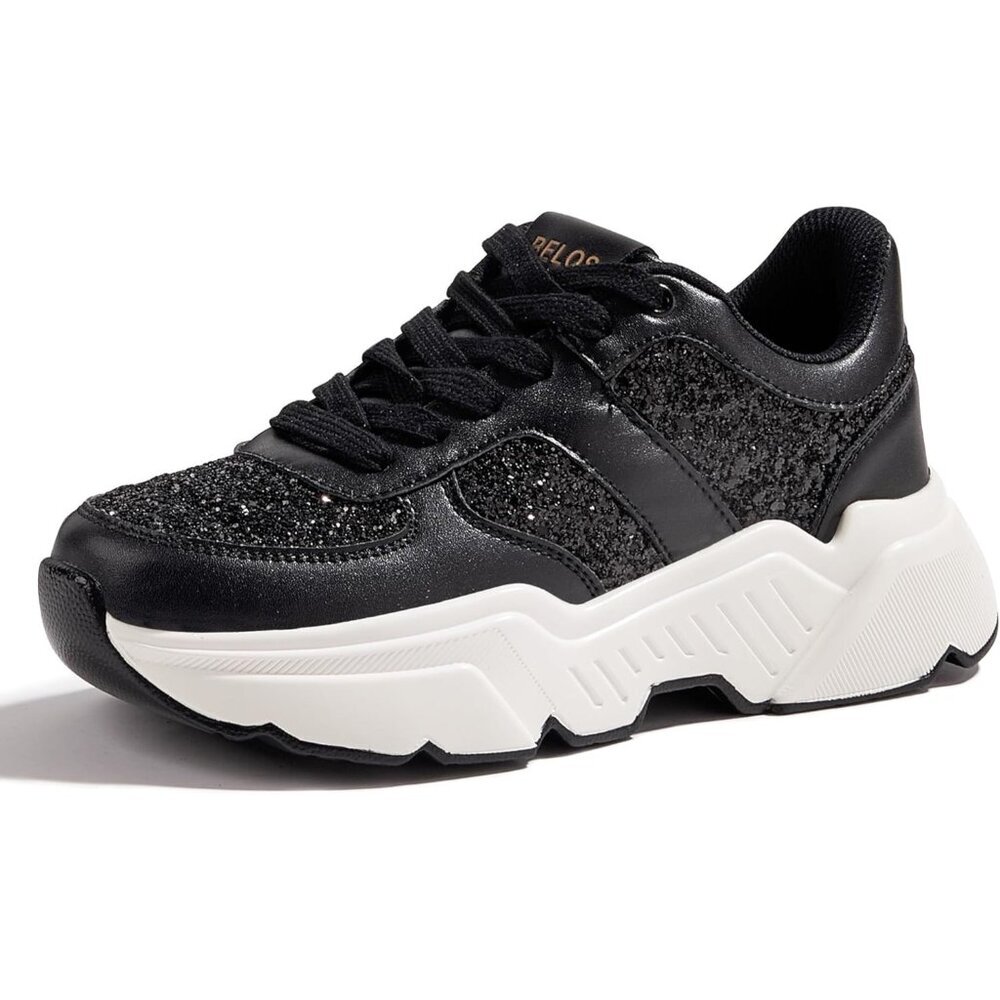 ⚡Women's Black Glitter Platform Chunky Sneakers Fashion Sneakers Casual Lace Up